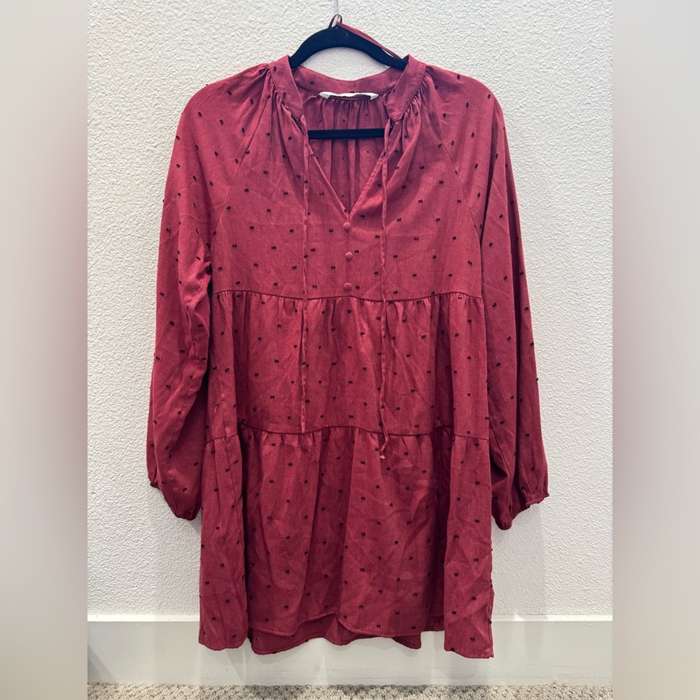 Zara burgundy tiered mini dress w/ long sleeves, V-neckline w/ ties & polka dots